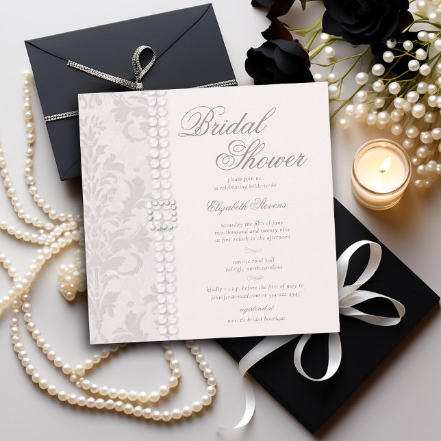 Invitation Lace Pearls Damask Rose Elegant Fête des mariées c (lace and pearls bridal shower invitation pink white black elegant formal modern classic)