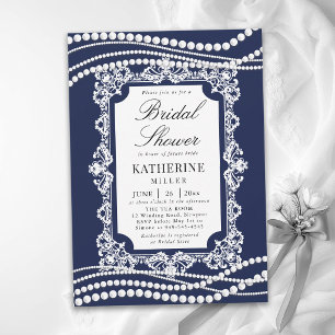 Invitation Lace Perles Classique Bleu Nuit Blanc Lavage de Ma