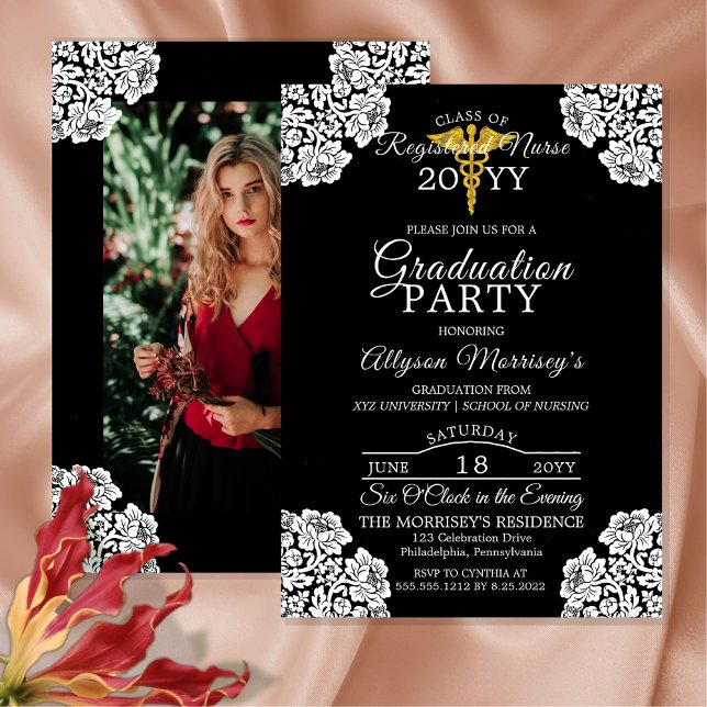 Invitation Lace Photo Nursing School | Graduation Médicale (Elegant Lace-Cornered One  Photo Nursing School Medical Graduation Announcement  | Party Invitation)
