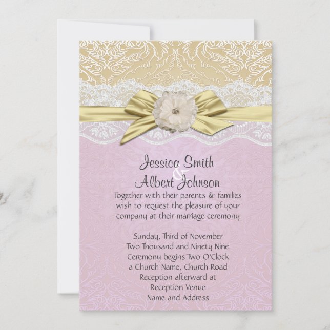 Invitation Lace Ribbon Gold/Lavender Mariage damas (Devant)