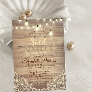 Invitation Lace rustique, lumières, diadème, fête Sweet 16