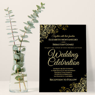 Invitation Lacy Gold Filigree sur Noir Simple Mariage élégant