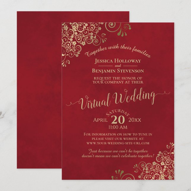 Invitation Lacy Gold Fragments sur Lush Red Virtual Mariage (Devant / Derrière)