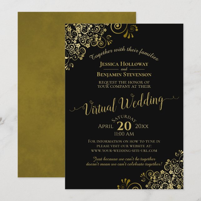 Invitation Lacy Gold Frills sur Black Elegant Virtual Mariage (Devant / Derrière)