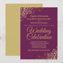 Invitation Lacy Gold sur Cassis Purple Simple Mariage élégant