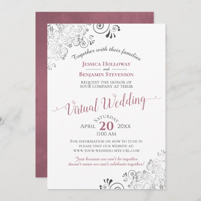 Invitation Lacy Silver Dusty Rose & Mariage virtuel blanc (Devant / Derrière)