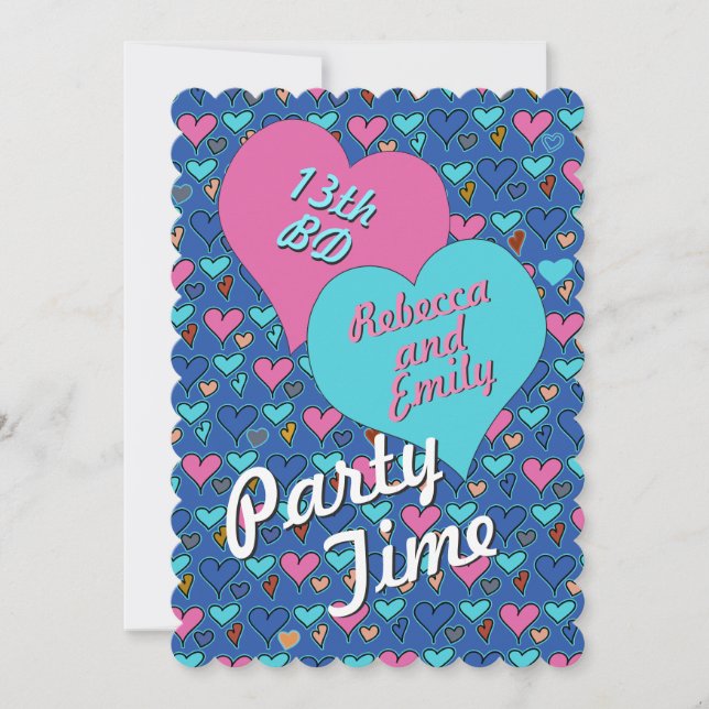 Invitation L'ado de coeurs de fête d'anniversaire jumelle (Devant)