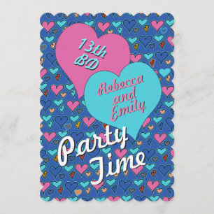 Invitation L'ado de coeurs de fête d'anniversaire jumelle