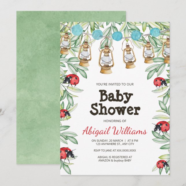 Invitation Lady Bug dans le Baby shower de jardin verdoyant (Devant / Derrière)