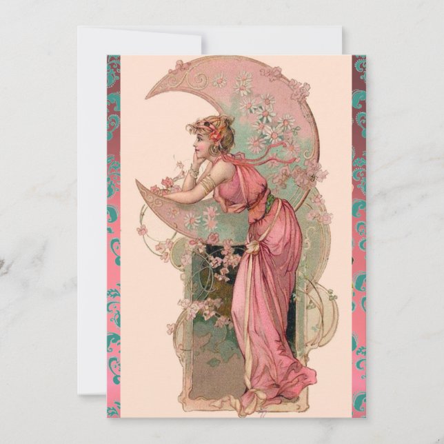 INVITATION LADY LUNE AVEC ROSES, FLEURS DE DAMASK BLEU ROSE (Devant)