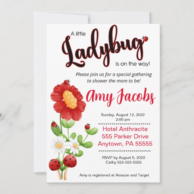 Invitation Ladybug Baby shower invitation, Fille douche (Devant)