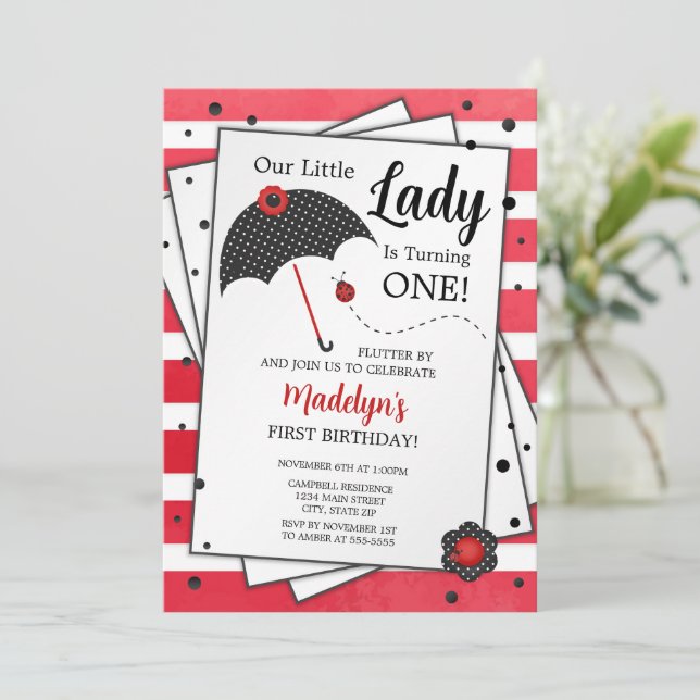 Invitation Ladybug Birthday Invitation, 1er anniversaire (Debout devant)