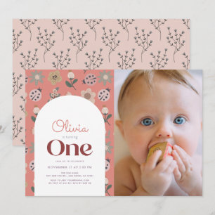 Invitation Ladybug & Flower Arch rose 1er anniversaire Photo