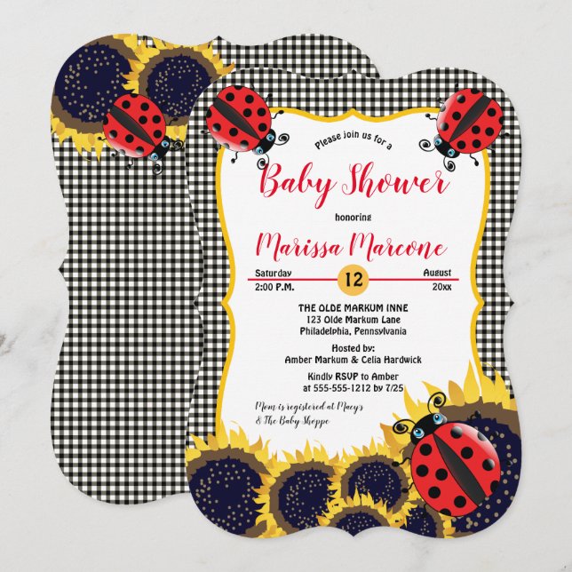 Invitation Ladybugs et Baby shower de filles de tournesols (Devant / Derrière)