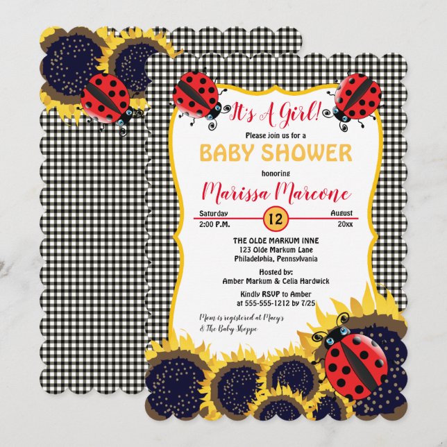 Invitation Ladybugs et Tournesols C'est un Baby shower de fil (Devant / Derrière)