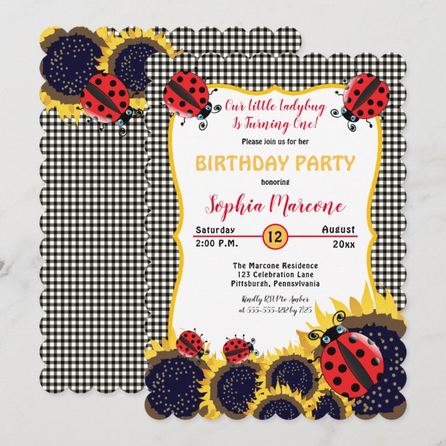Invitation Ladybugs et tournesols Fille 1er anniversaire (Devant / Derrière)
