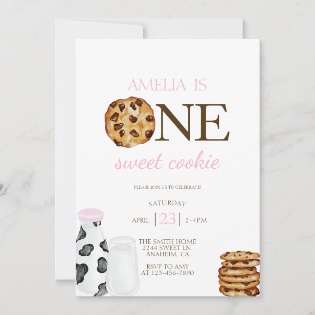 Invitation Lait et biscuits Première fête d'anniversaire rose (Devant)