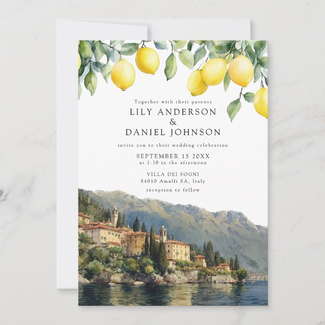 Invitation Lake Como Lemons Italian All In One Wedding (Devant)