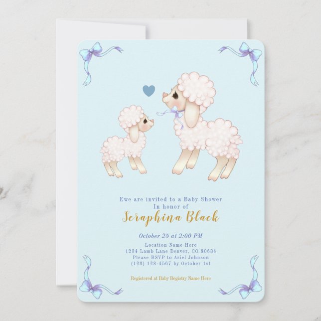 Invitation Lambe bleue Baby shower bébé mouton garçon (Devant)