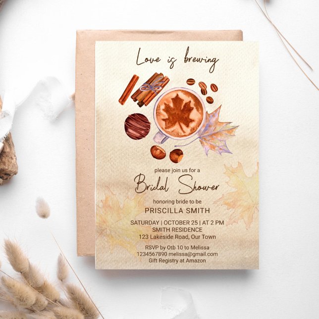 Invitation L'amour brasse automne nuptiale douche (Fall bridal shower template invitation love is brewing cup of hot chocolate cinnamon spice maple)