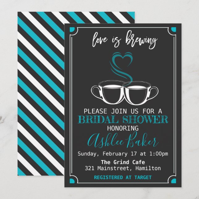 Invitation L'amour brasse des tasses de café Chalkboard Turqu (Devant / Derrière)