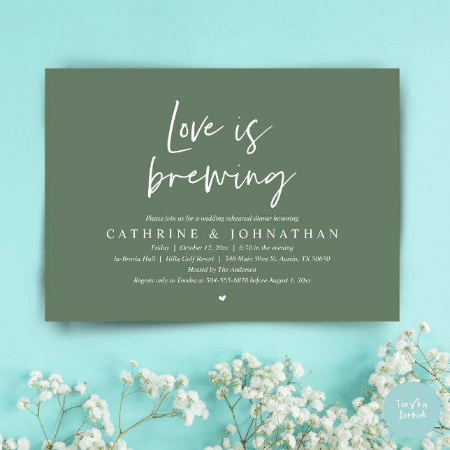Invitation L'amour brasse, Dîner de répétition Mariage Invita (Love is Brewing, Wedding Rehearsal Invitation Card, pdf, Beer Wine Party, in Forest Sage Green)