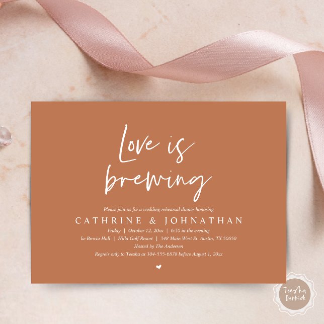 Invitation L'amour brasse, Dîner de répétition Mariage Invita (Love is Brewing, Wedding Rehearsal Invitation Card, pdf, Beer Wine Party, in Copper Brown)