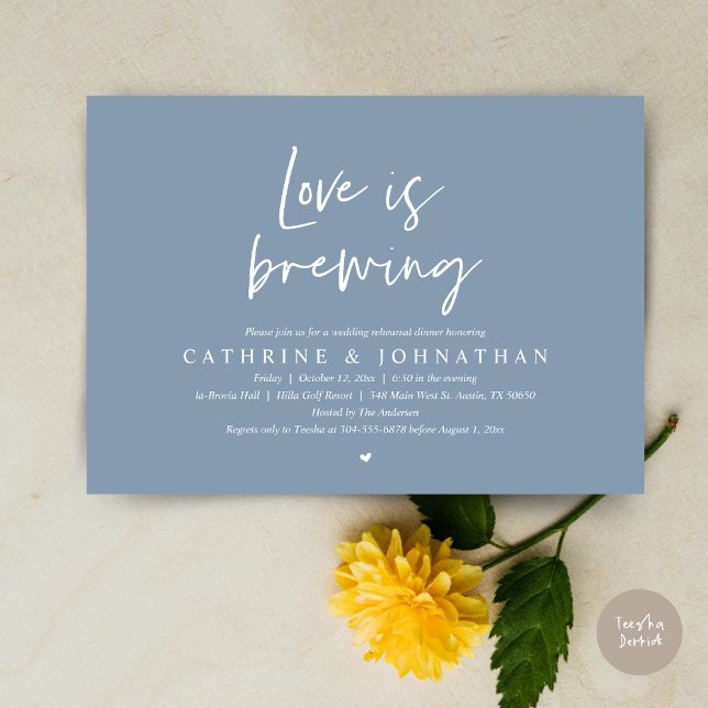 Invitation L'amour brasse, Dîner de répétition Mariage Invita (Love is Brewing, Wedding Rehearsal Invitation Card, pdf, Beer Wine Party, in Dusty Blue)