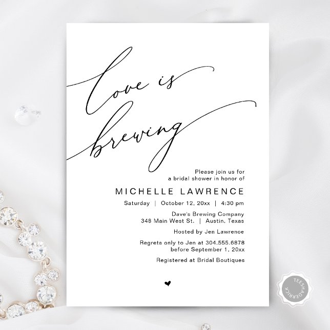 Invitation L'amour brasse, fête de la Fête des mariées (Love is Brewing, Bridal Shower Party Beer Wine Tasting Romantic Invites Card Charm White Black)