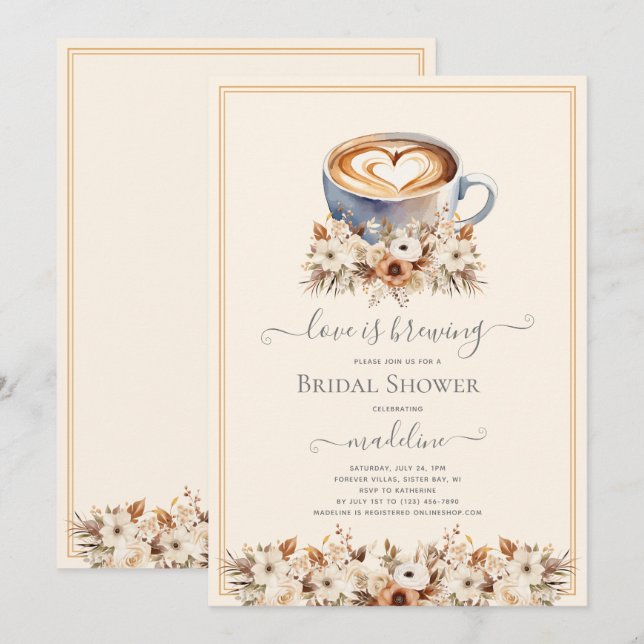 Invitation L'amour brasse la Fête des mariées de café floral (Devant / Derrière)