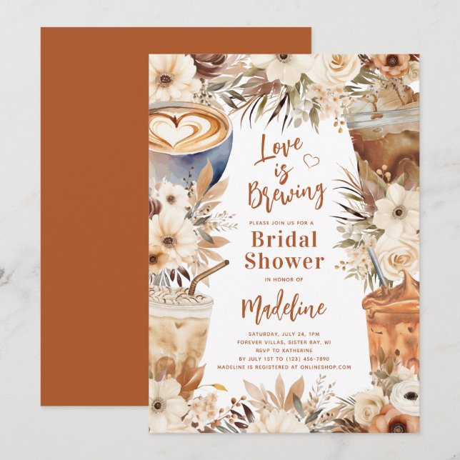 Invitation L'amour brasse la Fête des mariées de café floral (Devant / Derrière)