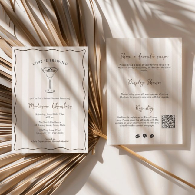 Invitation L'amour brasse la Fête des mariées Espresso Martin (Love Is Brewing Espresso Martini Social club bridal shower double-sided invitation with QR code)