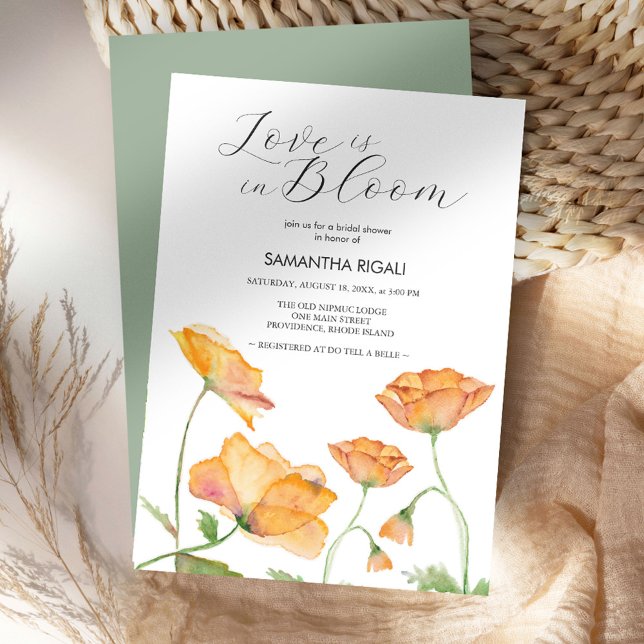 Invitation L'Amour Est En Fête des mariées Fleurie Orange Flo (Love is in bloom bridal shower watercolor orange poppy flowers by Victoria Grigaliunas DoTellABelle)