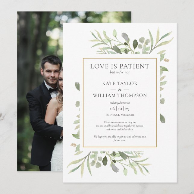 Invitation L'amour est le Mariage d'Elopement du patient Fair (Devant / Derrière)