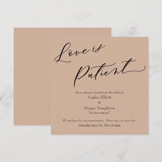 Invitation L'amour est Patient Almond Postponed Mariage Card (Devant / Derrière)