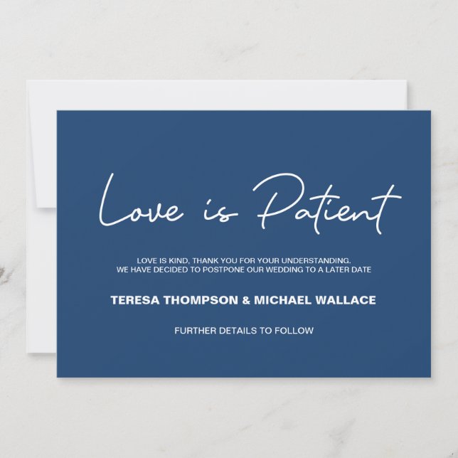 Invitation L'amour est Patient Marine Blue Mariage Postponeme (Devant)