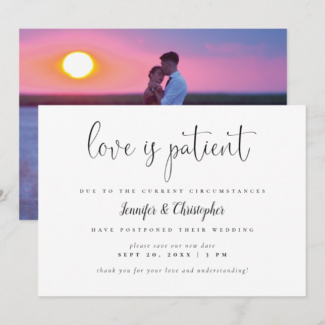 Invitation L'amour est patient Photo de scénario Report de ma (Devant / Derrière)