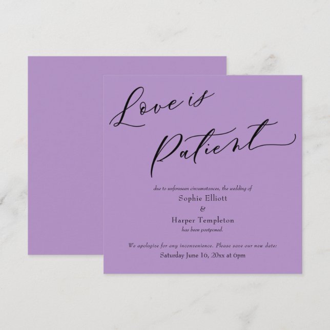 Invitation L'amour est Patient Purple Postponed Mariage Card (Devant / Derrière)