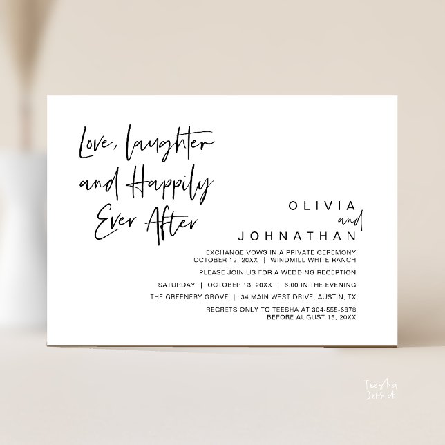 Invitation L'amour, le rire et la joie toujours après, modern (Love, Laughter and Happily Ever After, Modern Boho Wedding Invitation Card PDF Black White)