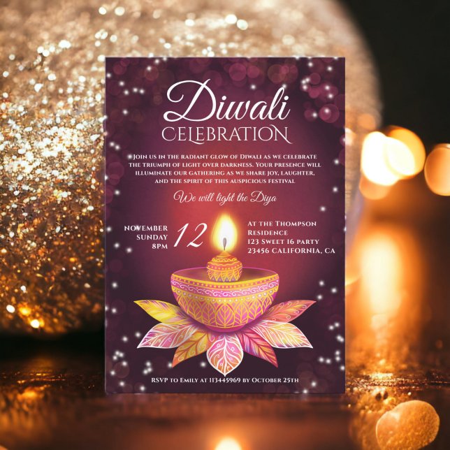 Invitation Lampes Diwali rose rouge, script d'illustration lé (Red pink Diwali Lamps light illustration script Invitation)