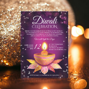 Invitation Lampes Diwali rose violet, script d'illustration