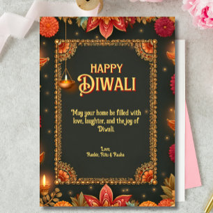 Invitation Lampes en or vert Diwali Bordure ornée fleurie