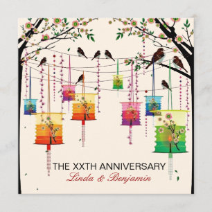 Invitation Lampions Colorés Cerisier Oiseaux Anniversaire