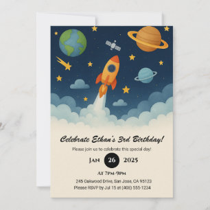 Invitation Lancement de fusée et aventure sur une planète pou
