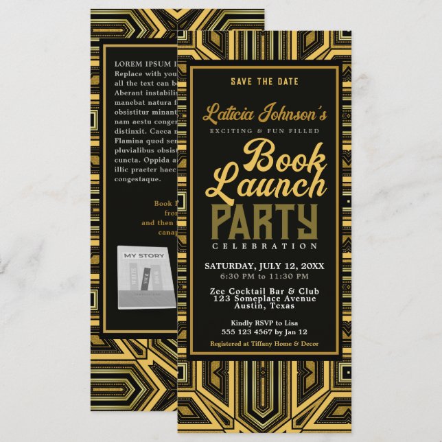 Invitation Lancement d'un livre Art déco de glam élégant (Devant / Derrière)