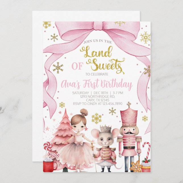 Invitation Land of Sweets nutcracker birthday invitation. (Devant / Derrière)