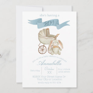 Invitation Landau de bébé vintage bleu et lapin bébé GARÇON