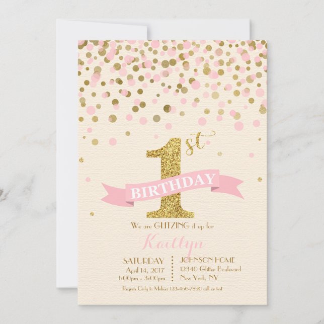 Invitation L'anniversaire de Sparkle Gold and Pink saupoudrer (Devant)