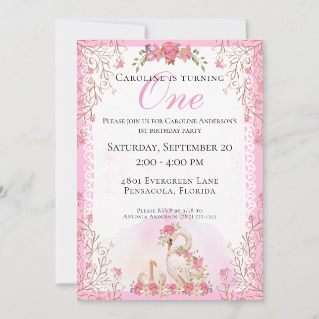 Invitation L'Anniversaire Floral Rose des Cygnes de Fairytale (Devant)