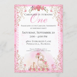 Invitation L'Anniversaire Floral Rose des Cygnes de Fairytale